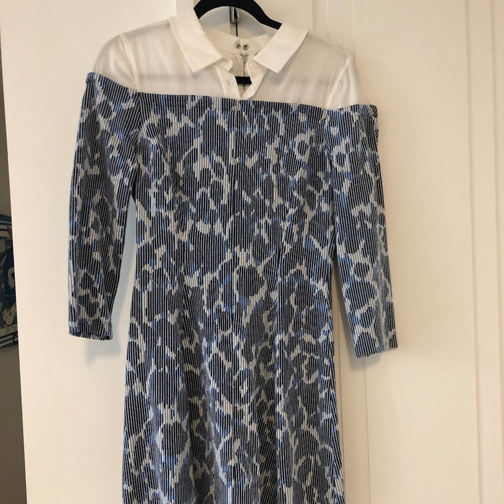 BCBG illusion pattern blue, black, whit mini dress